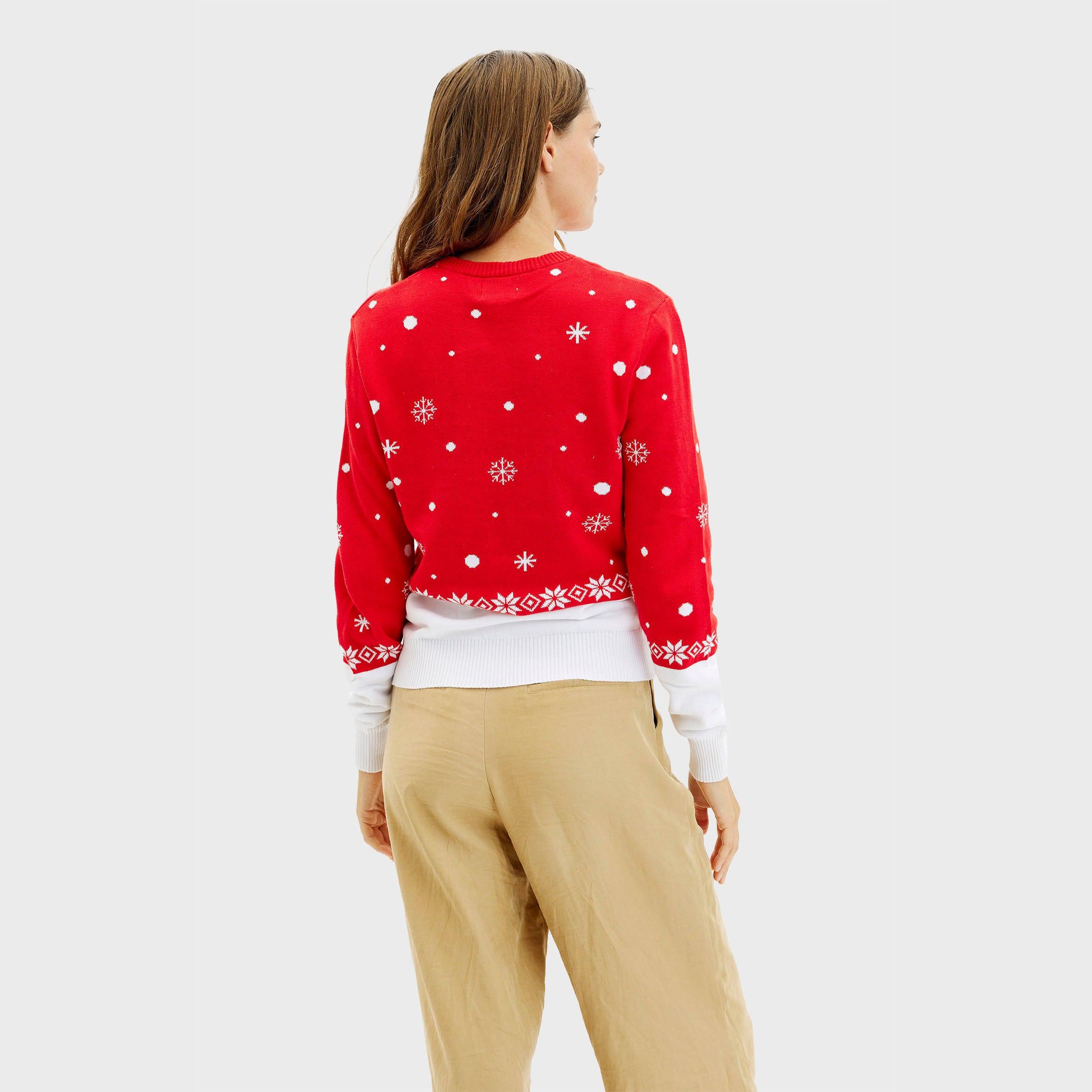 Roter Weihnachtspullover Damen mit weißen Schneeflocken und Muster, nachhaltiger Bio-Stoff.